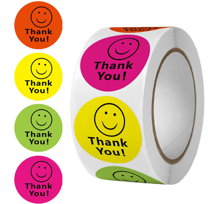 CMYK Kolorowe wodoodporne okrągłe dziękuję Etykiety samoprzylepne 1-calowa uśmiechnięta twarz